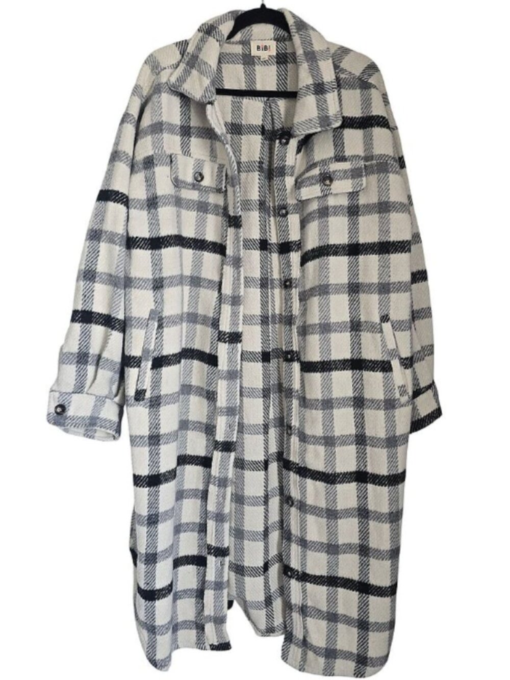 BiBi Black & White Plaid Long Trench Coat NWOT